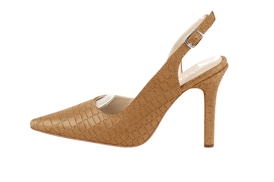 Women's camel beige elegant slingback heels. .  - Profile view